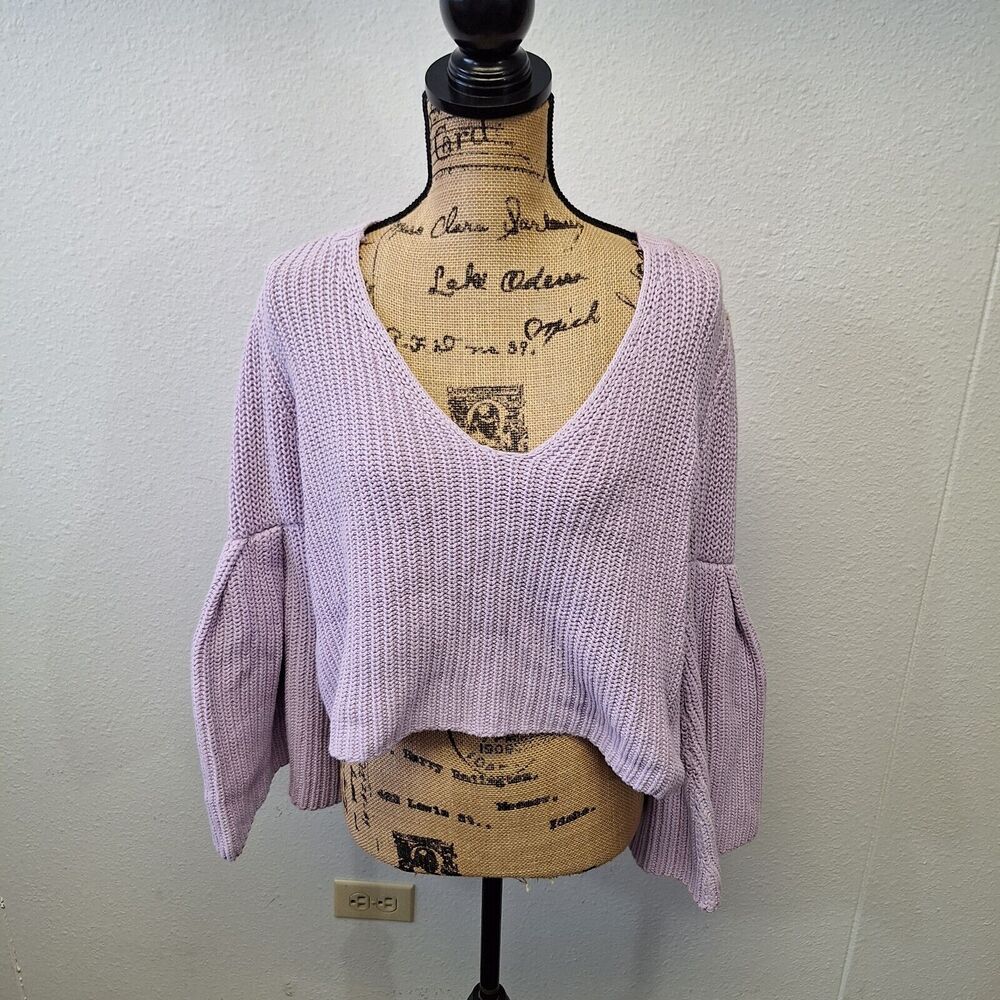 Free People Deep V Neck Pullover Sweater Crochet Knit Bell Sleeve Purple Sz XS
